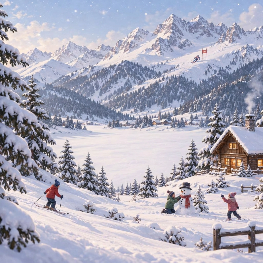 Winter ski camp scene in the Bakuriani mountains